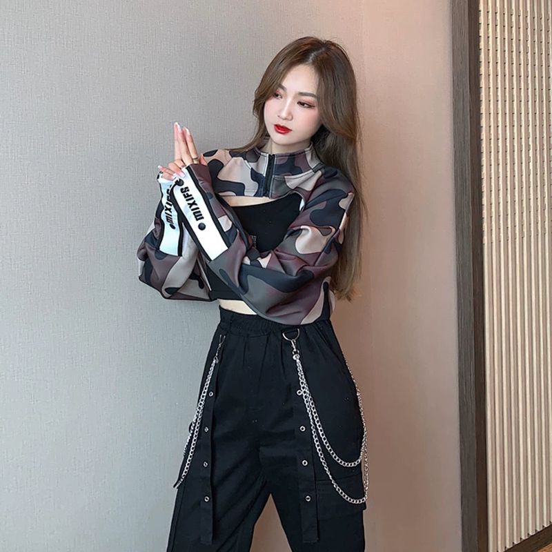 女团风韩舞表演三酷女孩个性穿搭街舞爵士舞嘻哈跳舞jazz服装迷彩外衣