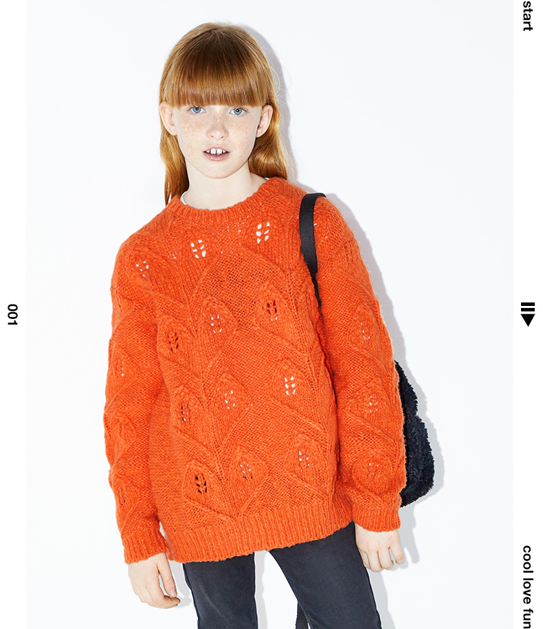 littlemoco童装针织衫冬装新款女儿童镂空保暖套头羊毛衣火焰橙色