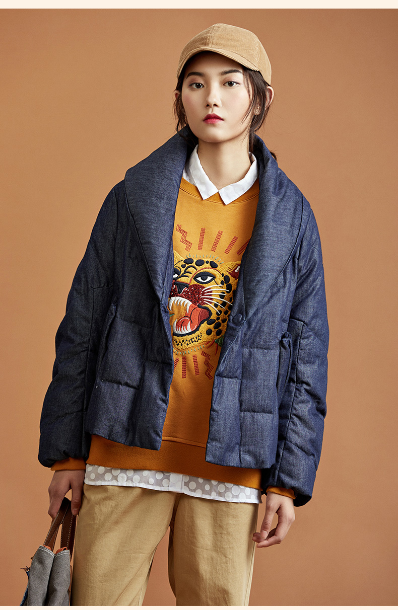 渔牌装羽绒服女2021年新款女冬季牛仔大翻领短款羽绒外套牛仔蓝16080a