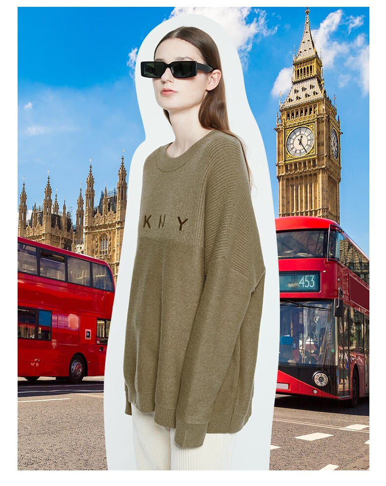 dkny秋冬上衣女 胸口品牌字母logo提花设计高领软糯风毛衣针织衫女装