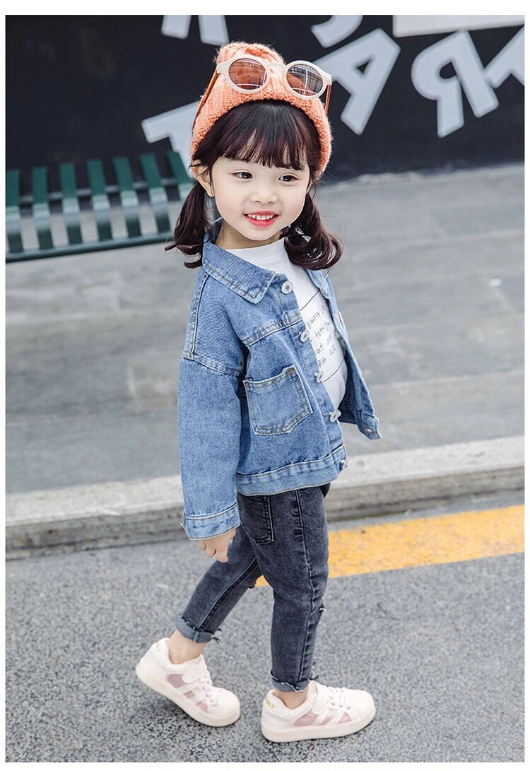 儿童韩版秋装女宝宝宽松洋气上衣ll纯色牛仔外套150码建议身高140厘米