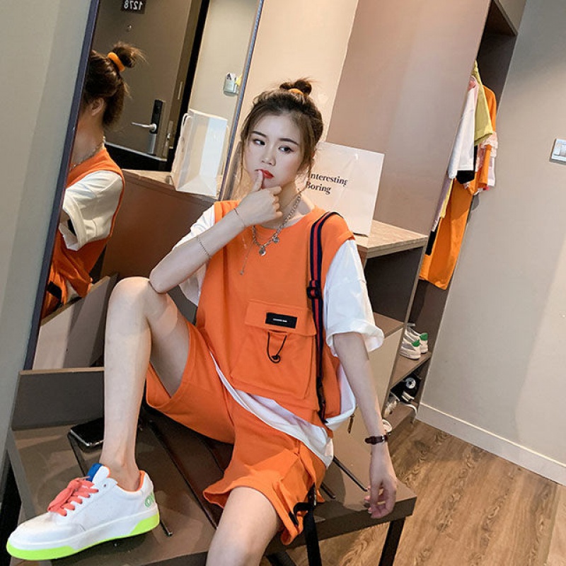 2021韩版夏女休闲运动套装宽松显瘦假两件t恤阔腿裤两件套套装 黑色