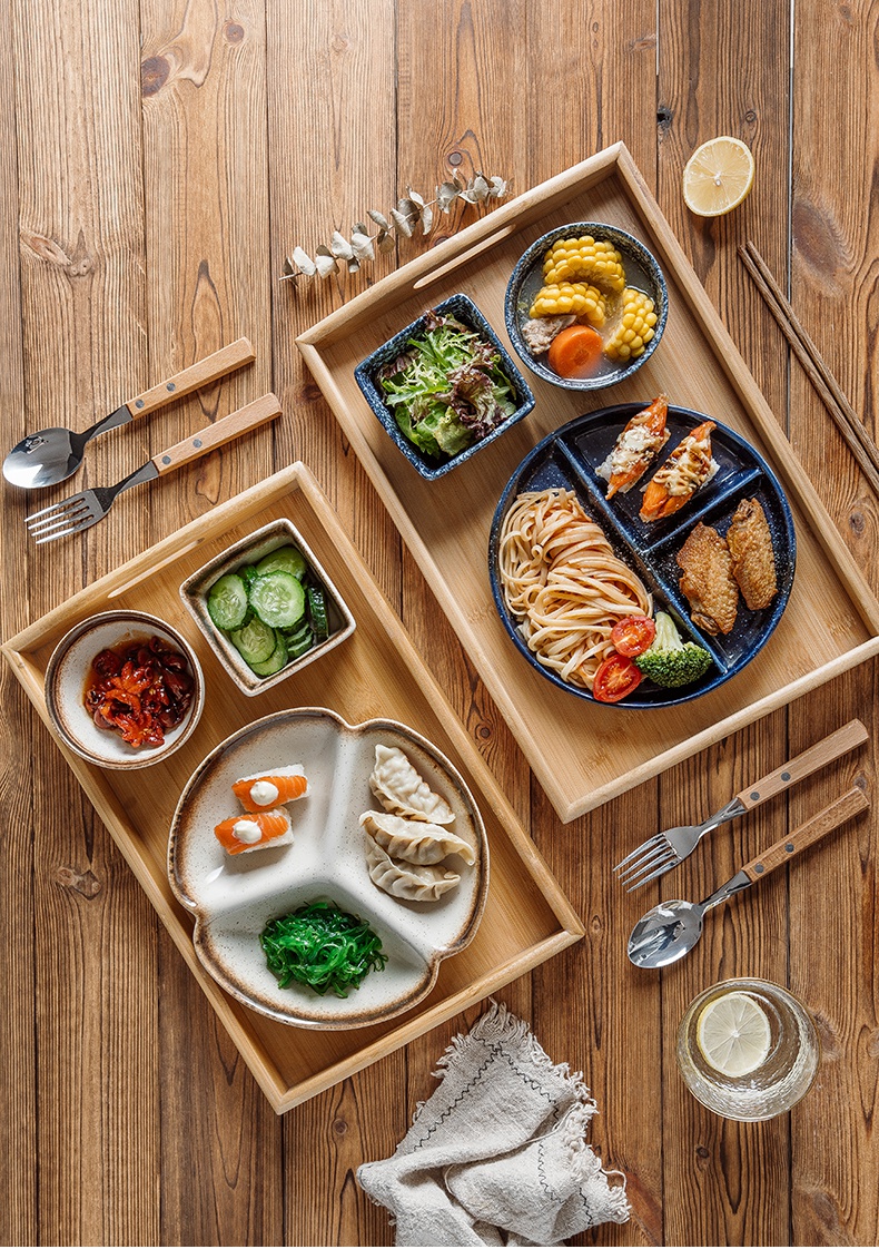 餐具分格盘家用早餐盘套装减脂餐盘陶瓷分餐制分隔盘子棕蓝三格盘套装