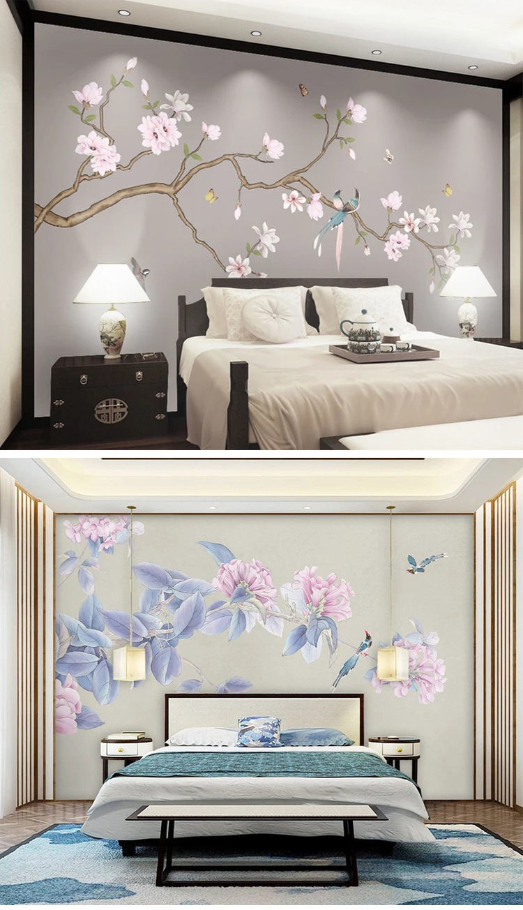 新中式玉兰花鸟壁布定制壁画客厅电视背景墙卧室壁布沙发影视墙布01款