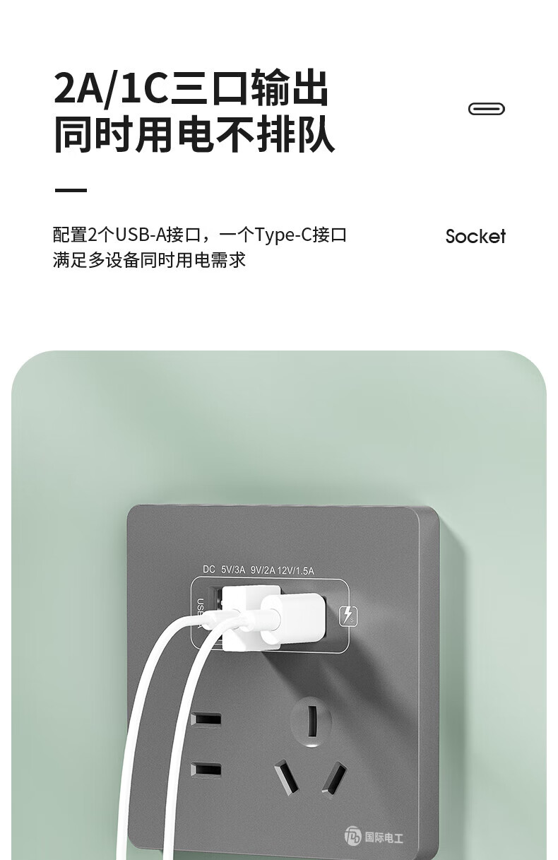 6，國際電工20W快充Type-C五孔開關插座86型暗裝雙USB牆壁麪板可直接充電家用辦公設備電源插座 五孔雙USB+type-c【黑色】