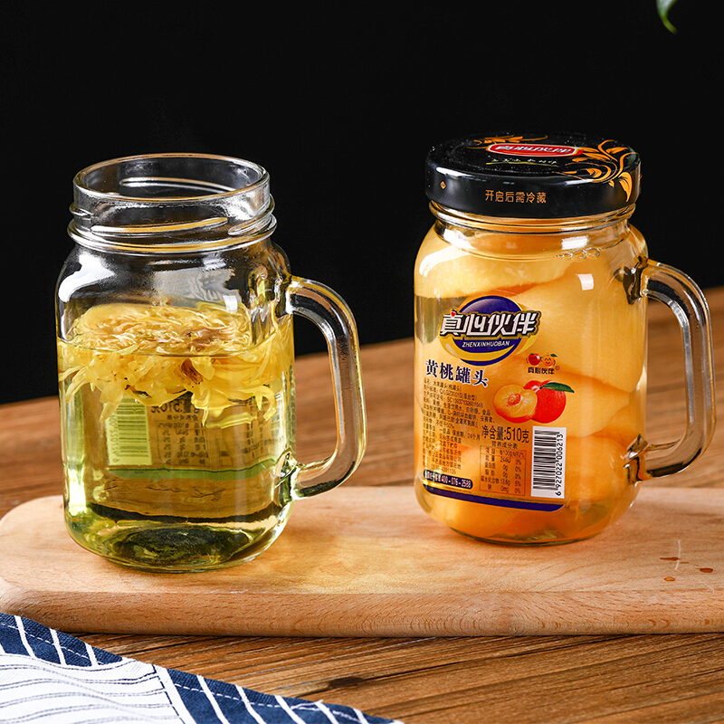 苹果罐头 510g*3/4瓶 新鲜水果罐头把手水杯网红玻璃水杯黄桃什锦雪梨