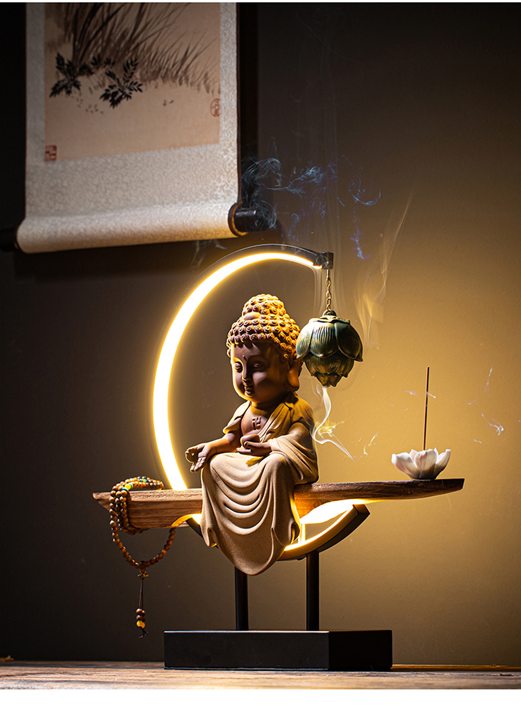 禅意家用香薰炉檀香客厅玄关陶瓷装饰阿弥陀佛倒流香炉摆件捏花香插