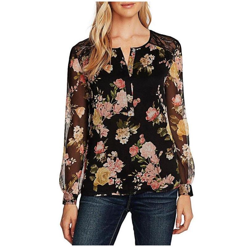 vincecamuto女雪纺衫长袖印花v领时尚柔软20034751bjrichblackl