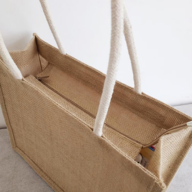 麻布袋手提帆布拉链袋子女夏文艺小清新学生包包 黄麻袋 小号 拉链款