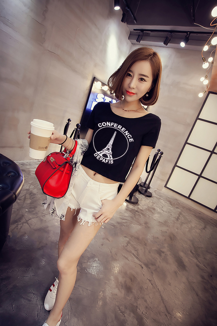 性感漏肚脐短款贴身短袖t恤女夏露脐上衣服高腰齐腰爵士街舞短装sn