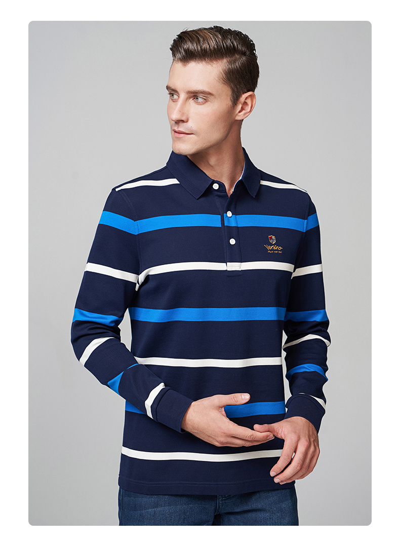 versino梵思诺男装2021秋季新款长袖条纹男保罗男士长袖t恤55b蓝色46s