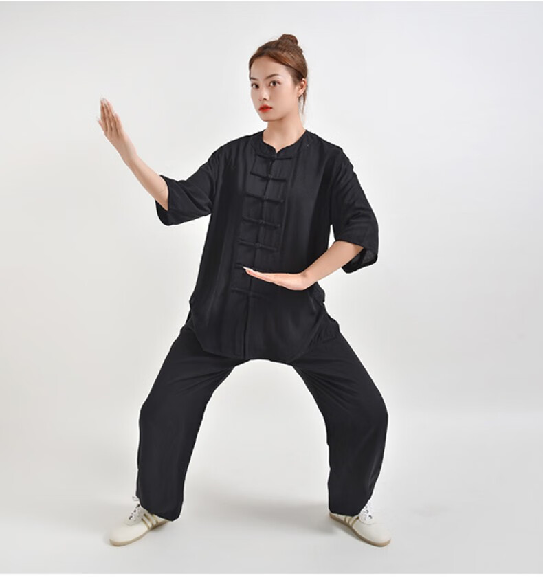 太极服女夏季绵绸中袖练功服武术服棉绸飘逸薄长袖太极拳套装 水蓝色