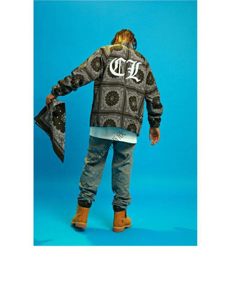 1807黑色红色满版腰果花印花刺绣logo宽松剪裁街头嘻哈夹克男女同款