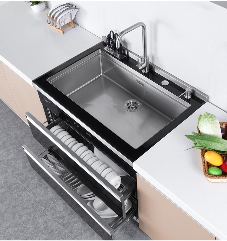 e7集成水槽厨房一体柜抽屉式拉篮带消毒柜手工拉丝304水盆900e拉篮款