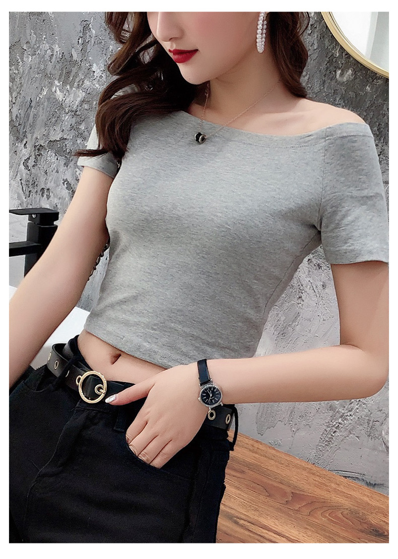 然往白色一字领露脐t恤女紧身2021夏季漏肩短袖修身短款高腰上衣ins潮