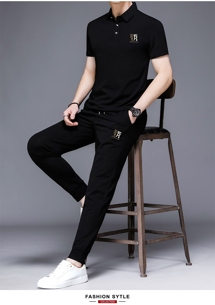 花花公子高档含桑蚕丝休闲套装男士夏季潮流时尚长裤短袖两件套装t恤