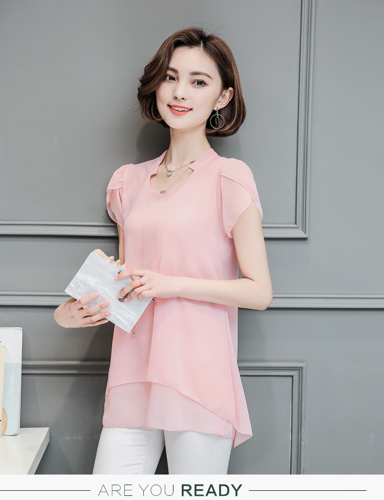萱倾女夏季半袖雪纺衫大码短袖夏装新款装上衣宽松中长款遮肚子打底衫