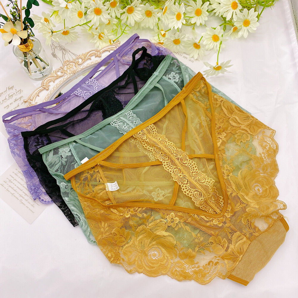 新款胖mm大码内裤高档性感蕾丝网纱女内裤高腰三角裤二百斤无压力金色