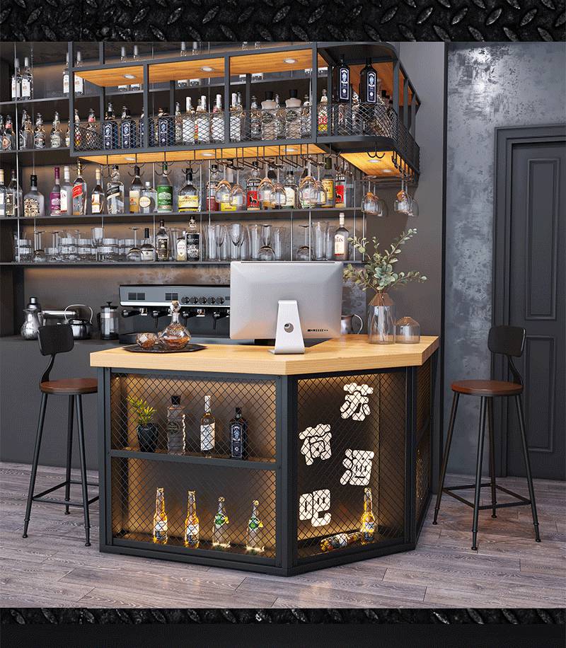 华丰家具美式复古铁艺吧台收银台网红酒吧接待前台工业风餐吧转角吧台