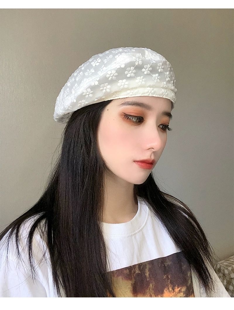 八角帽女夏天贝雷帽女夏季薄款透气日系百搭蓓蕾帽甜美可爱花朵蕾丝
