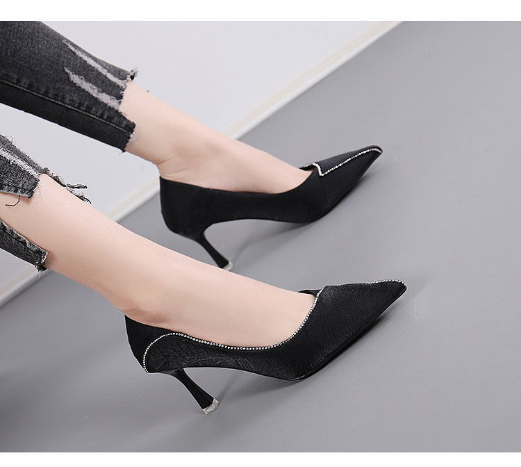 女鞋四季新款高跟鞋软皮尖头百搭水钻两穿浅口单鞋女杏色5厘米跟高37