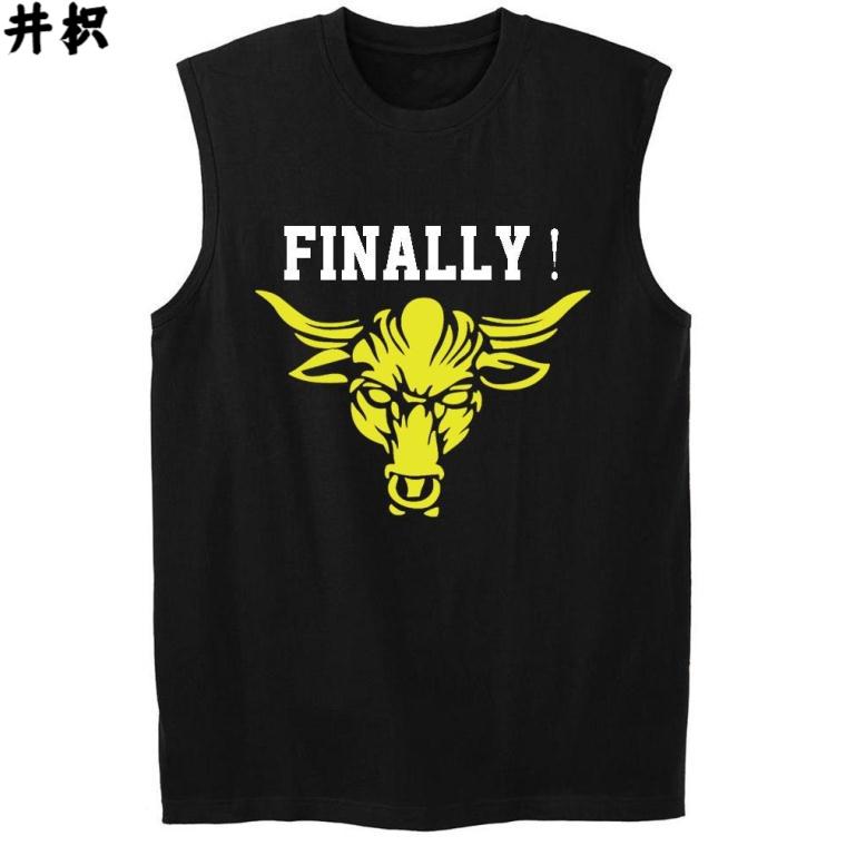 巨石强森牛头健身服 巨石强森牛头大码无袖t恤男运动健身宽肩背心坎肩