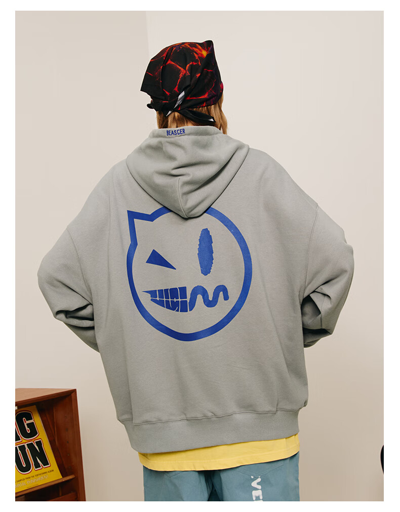 beaster小恶魔鬼脸火焰印花连帽卫衣男秋街头落肩上衣粉色l