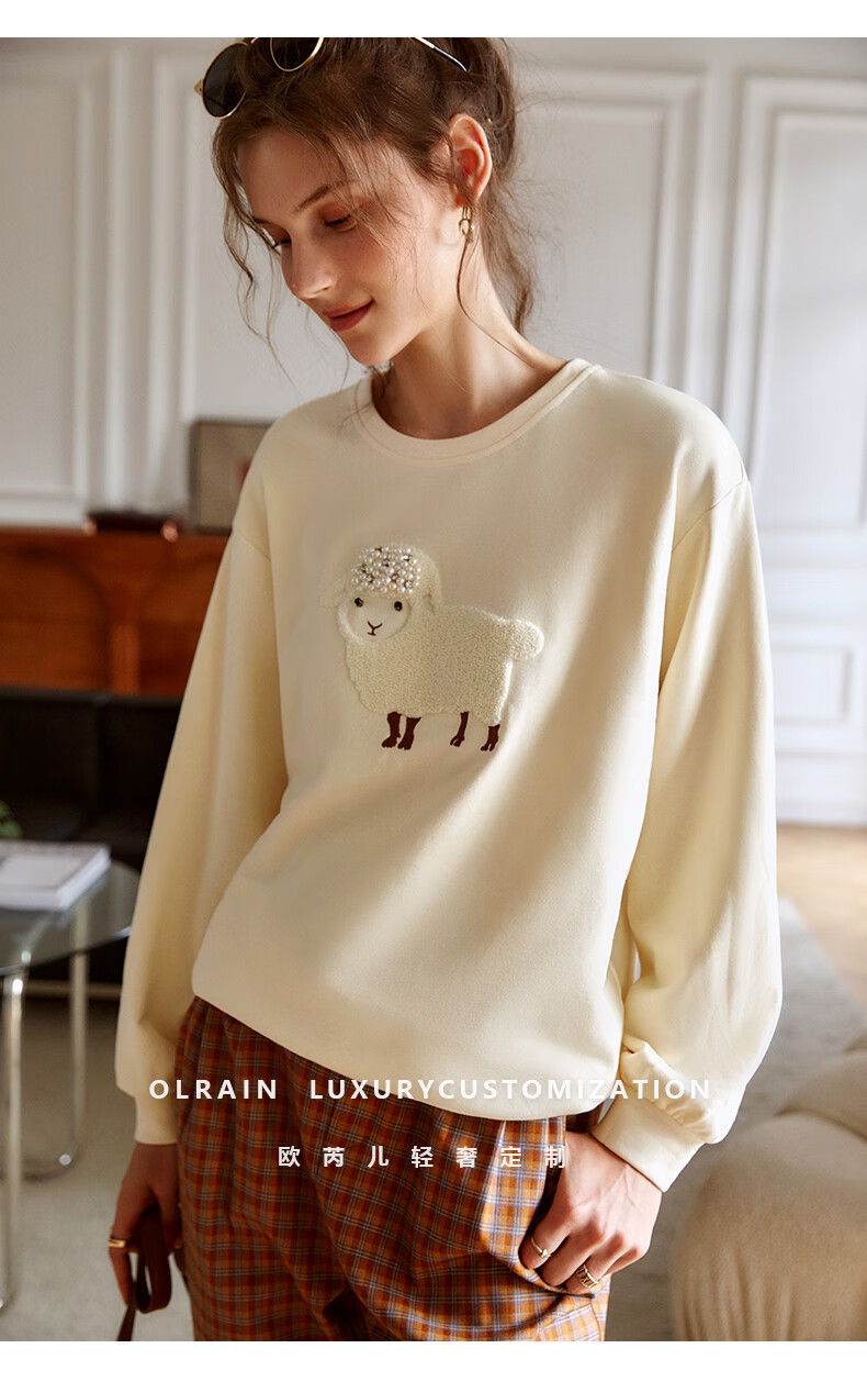 olrain欧芮儿圆领套头卫衣女秋季新款2021宽松显瘦趣味