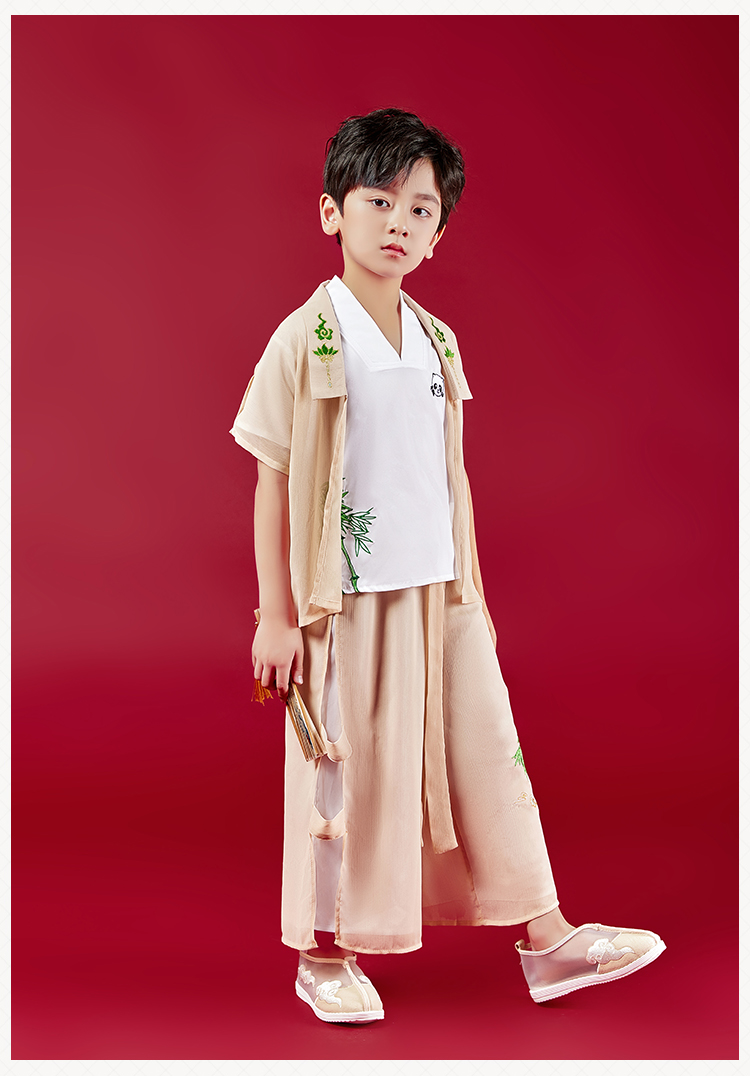 超仙汉服男童夏季薄款中国风古装帅气少爷套装卡其外披裤子两件140