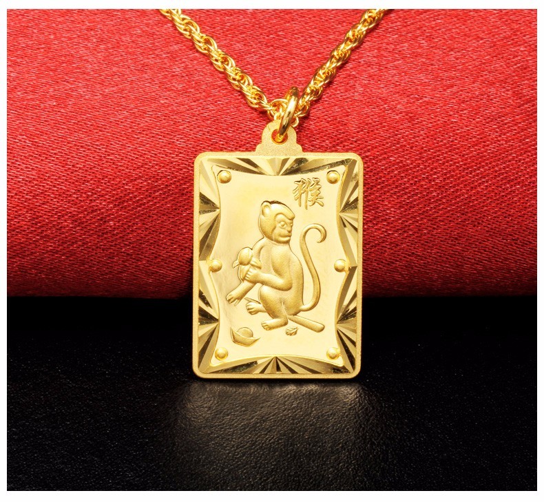 瑞幸珠宝999足金十二生肖猴子黄金吊坠金猴足金吊牌方形