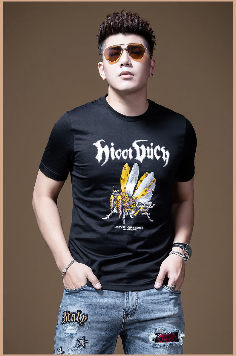香港潮牌男装轻奢高端男士印花蜜蜂短袖t恤男潮牌个性时尚修身潮流
