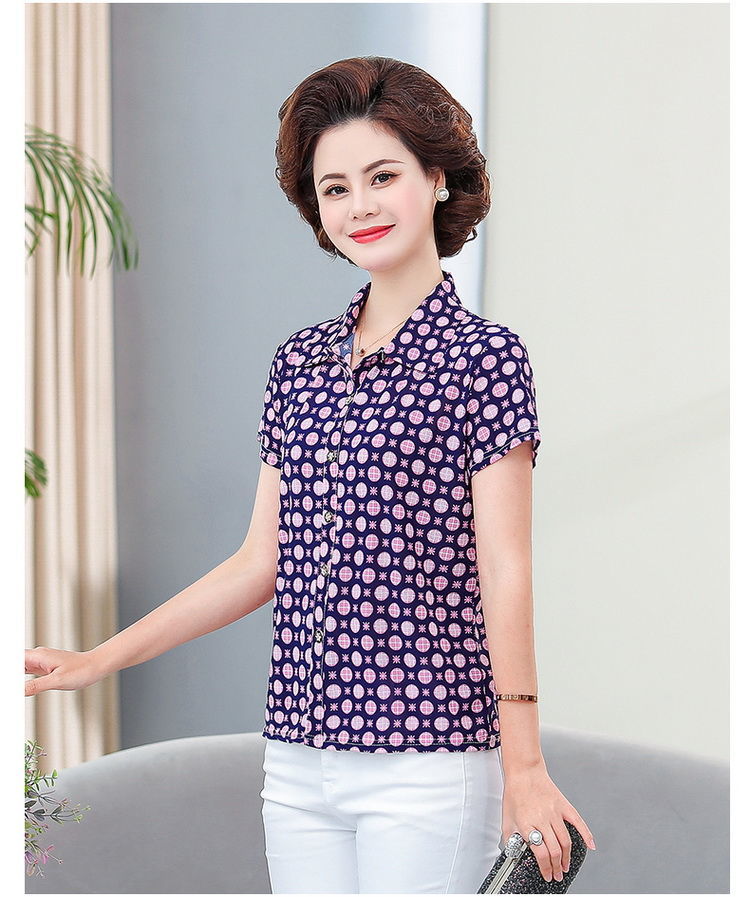 妈妈夏装短袖t恤中老年女装翻领上衣老年人奶奶装印花小衫女ff一号色l