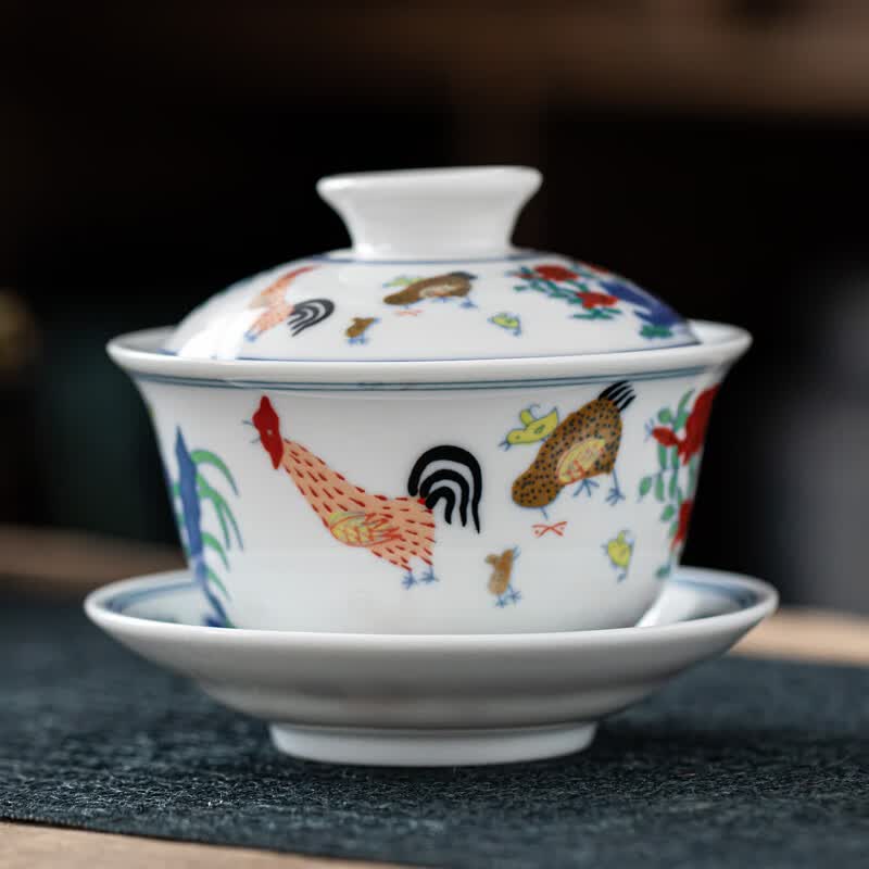 老板杯青花瓷盖碗斗彩鸡缸杯景德镇仿古茶具套装大号三才盖碗泡茶功夫