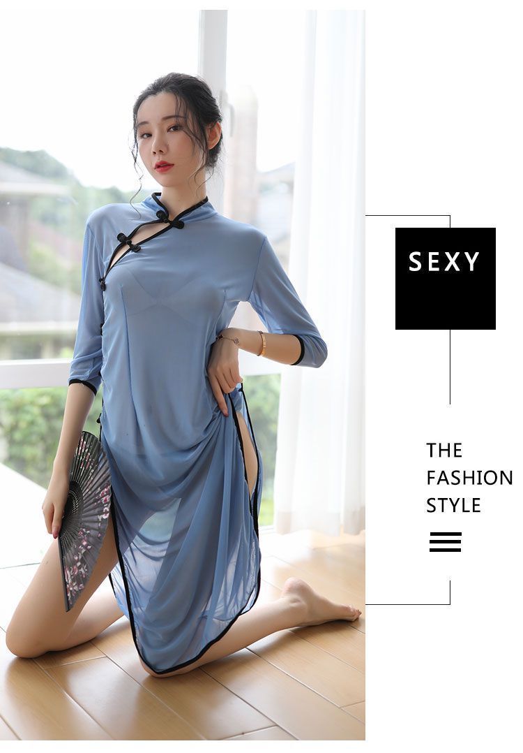 性肚兜内衣复古睡衣文胸制服诱h睡裙套装丝袜女民国肚兜裙 蓝色民国