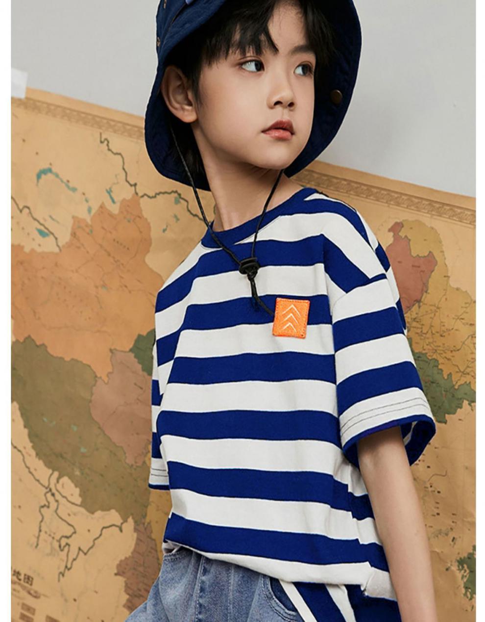 男童夏季短袖儿童中大童薄款圆领刺绣宽松t恤312岁男生新款条纹半袖衫
