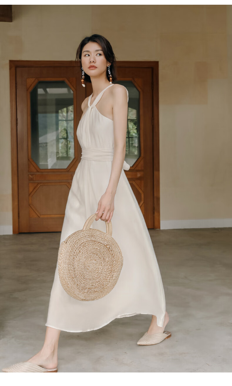 弥古白色挂脖吊带连衣裙仙女感长裙女夏初恋小白裙海边度假沙滩裙
