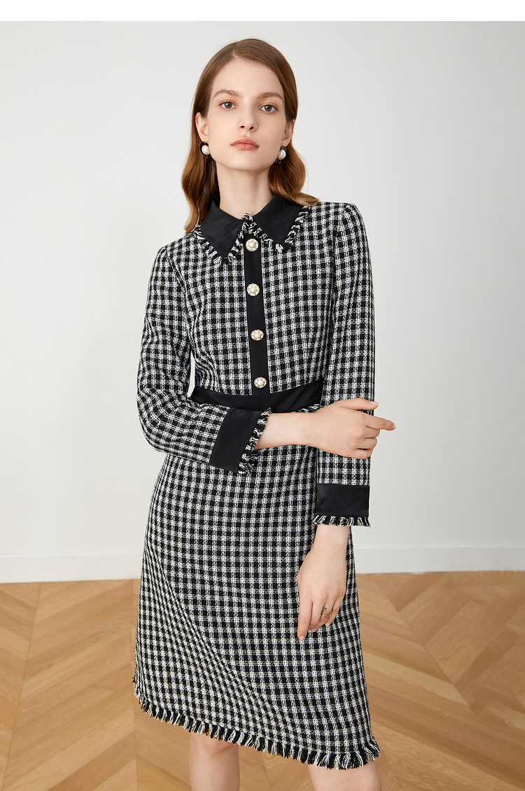 影儿yiner音儿女装2021冬季新款收腰拼接中长款连衣裙 黑白 40【图片