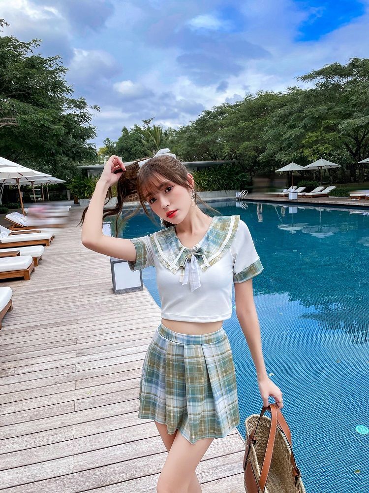 jk制服女夏可爱日系网红新款保守裙子显瘦小胸超仙气泳装青春期淡粉色