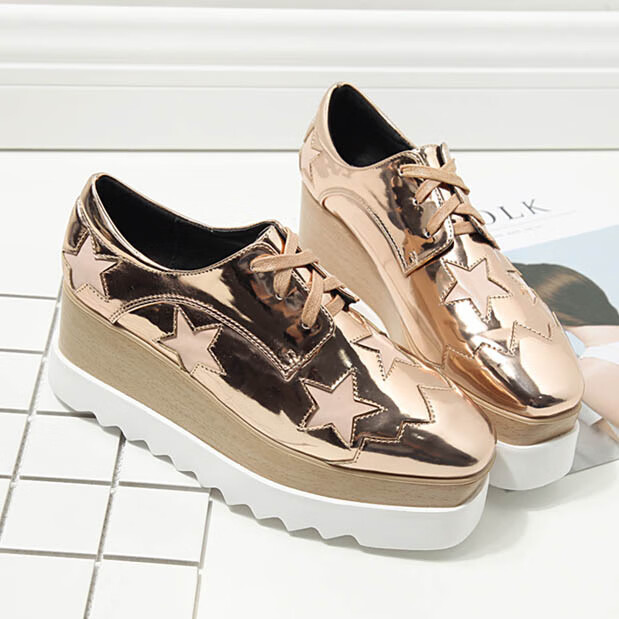 范冰冰同款星星松糕鞋女鞋厚底坡跟布洛克英伦百搭单鞋女学生 白色 38