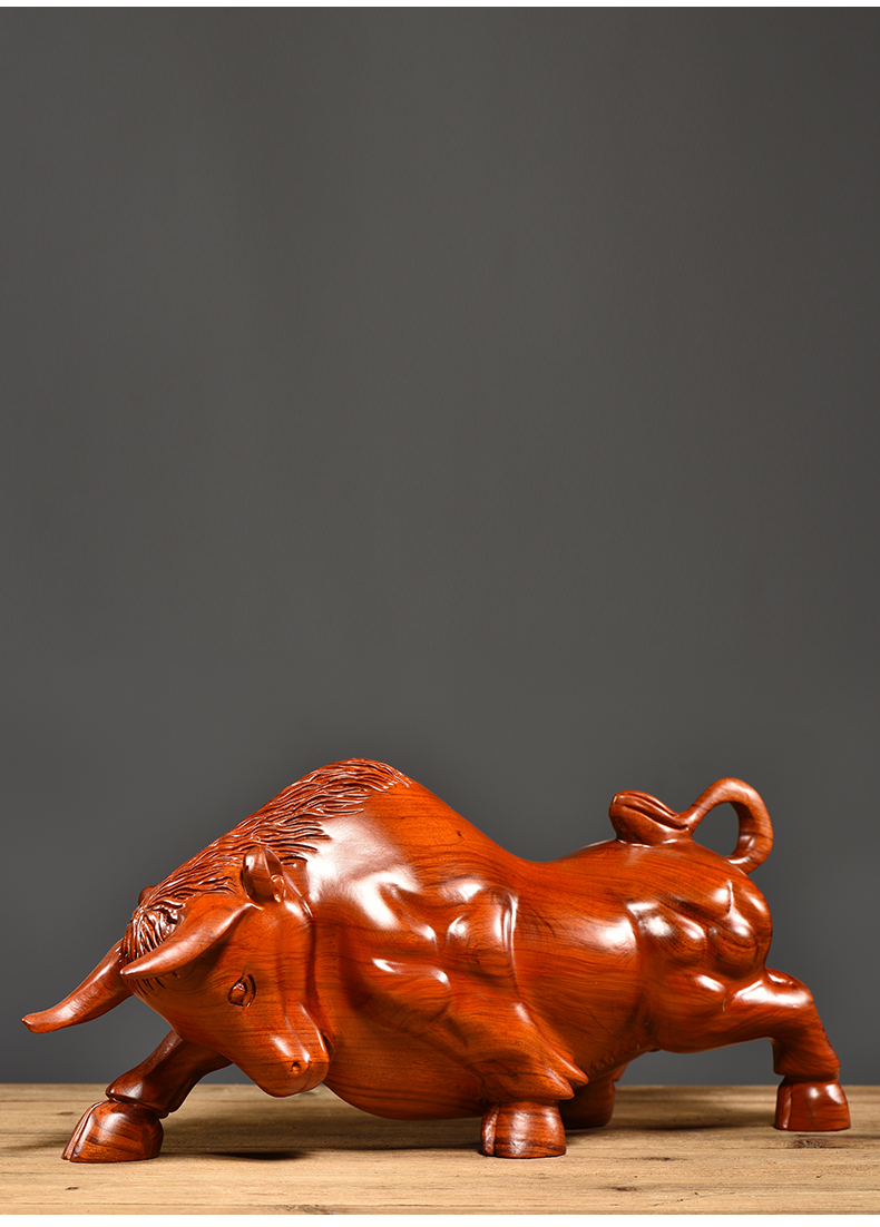 唐砖花梨木雕牛摆件木质雕刻十二生肖牛气冲天家居装饰工艺品开业礼