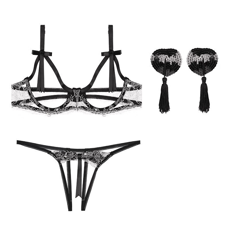 情趣内衣女诱惑血滴子三点式比基尼露胸套装钢圈性感聚拢文胸sm私处