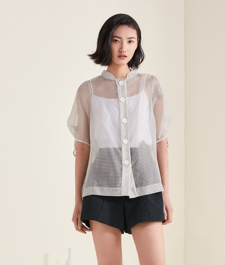 zhuchongyun夏新款桑蚕丝白色细格子衬衫女设计感小众条纹m