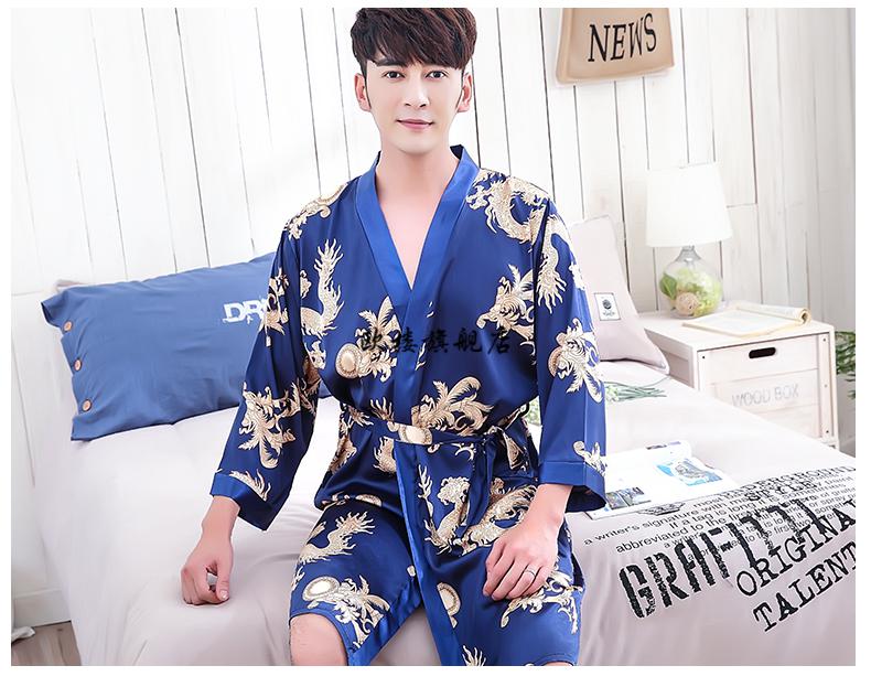 中国古风夏季睡衣男士古代风复古汉服睡袍情侣冰丝浴袍丝绸薄款家居服