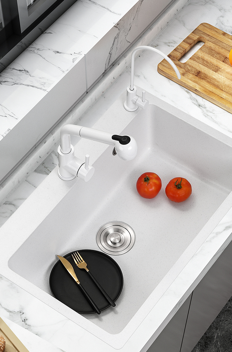 水槽单槽台下盆 麻白色石英石厨房 洗菜盆台上盆 t79x51c(抽拉龙头