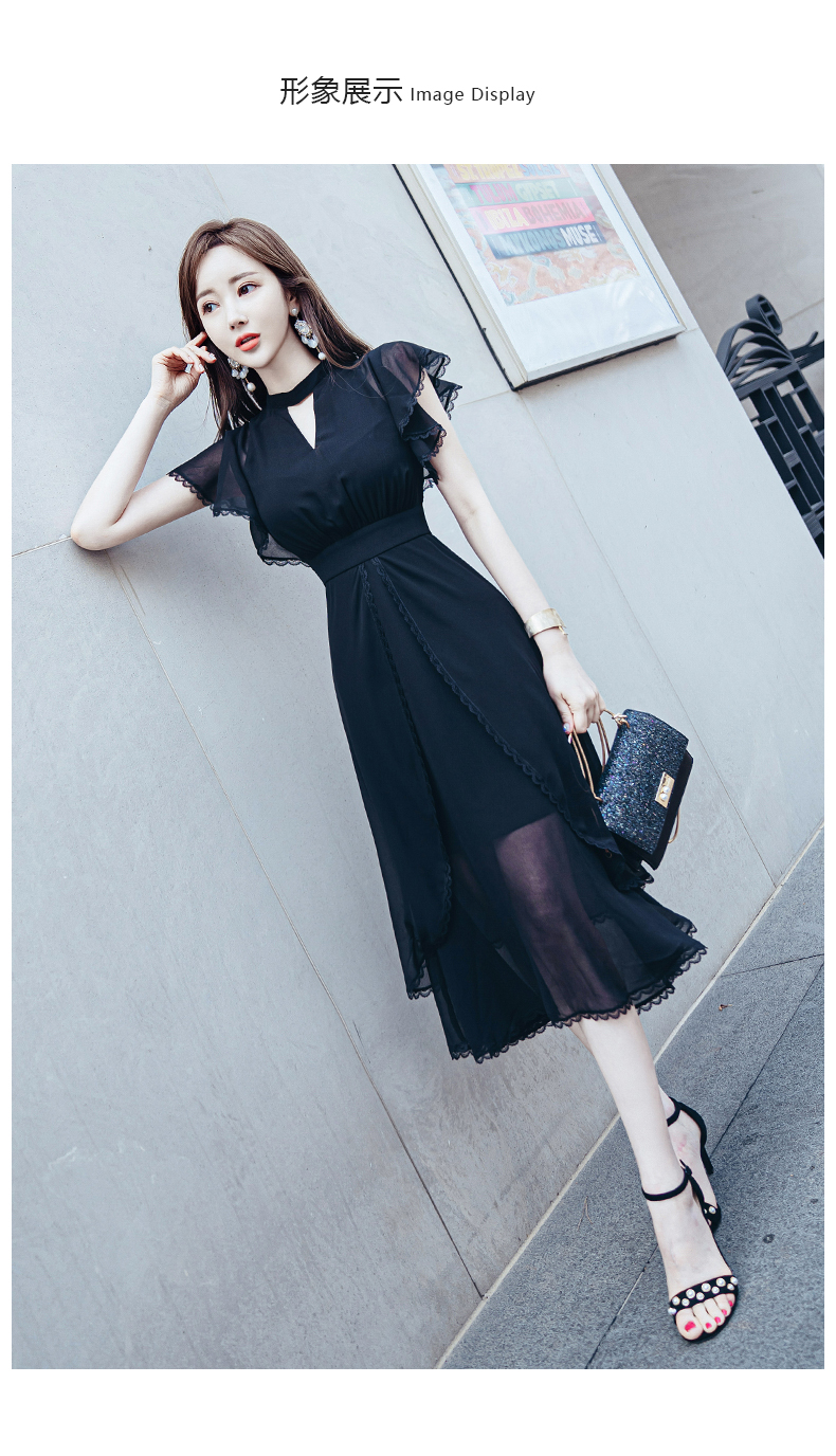 jax aj 连衣裙新夏黑色性感气质女神范仙女收腰显瘦雪纺中长款裙子