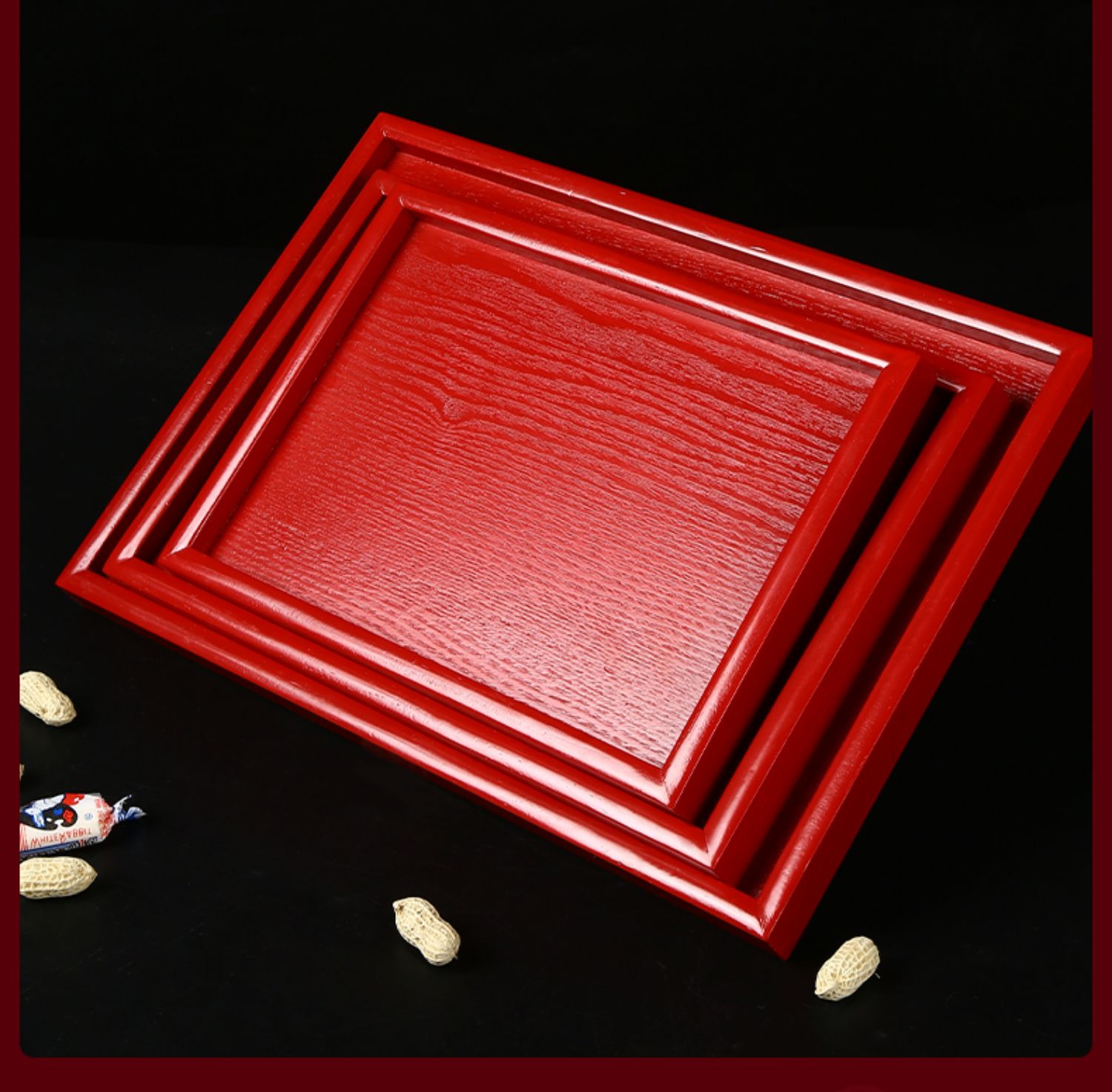 中式托盘长方形红色敬茶木盘子敬酒结婚喜盘陪嫁木质敬茶盘干果 红色