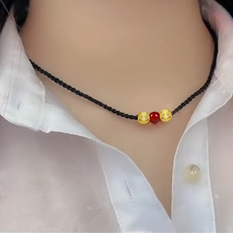 老凤凰足金999猫眼金珠子黄金项链女款路路通红玛瑙吊坠编织黑绳锁骨