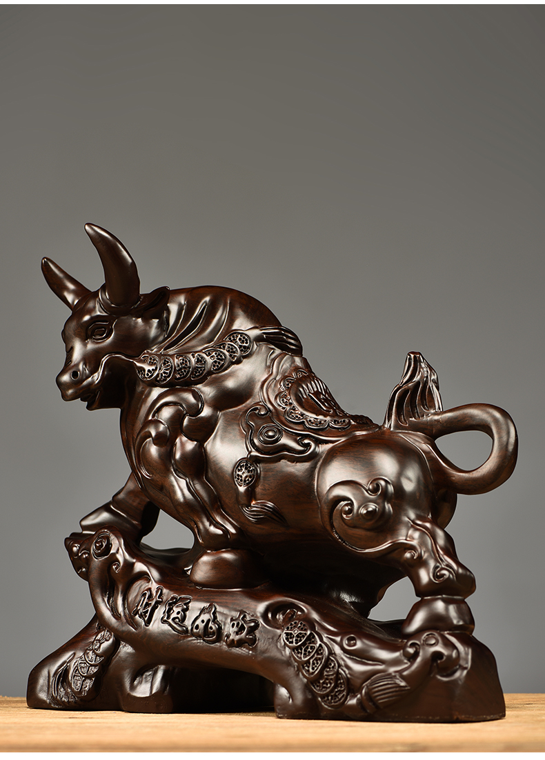 今轩堂黑檀木雕牛摆件运势如虹牛工艺品家居客厅玄关办公室装饰开业