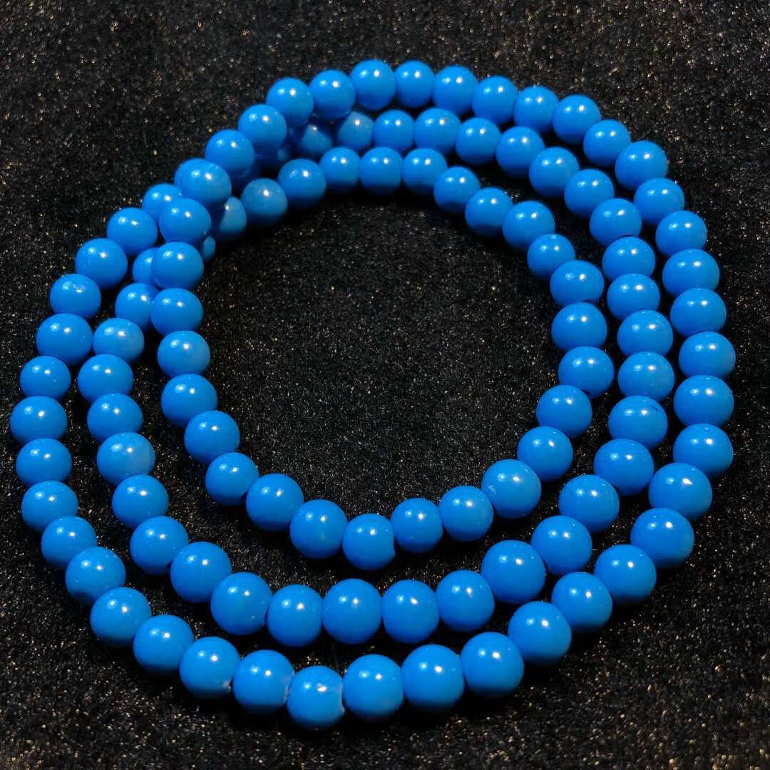 蘑菇印象饰品 天然绿松石手串108颗佛珠单圈原矿高瓷蓝老型圆珠 7.