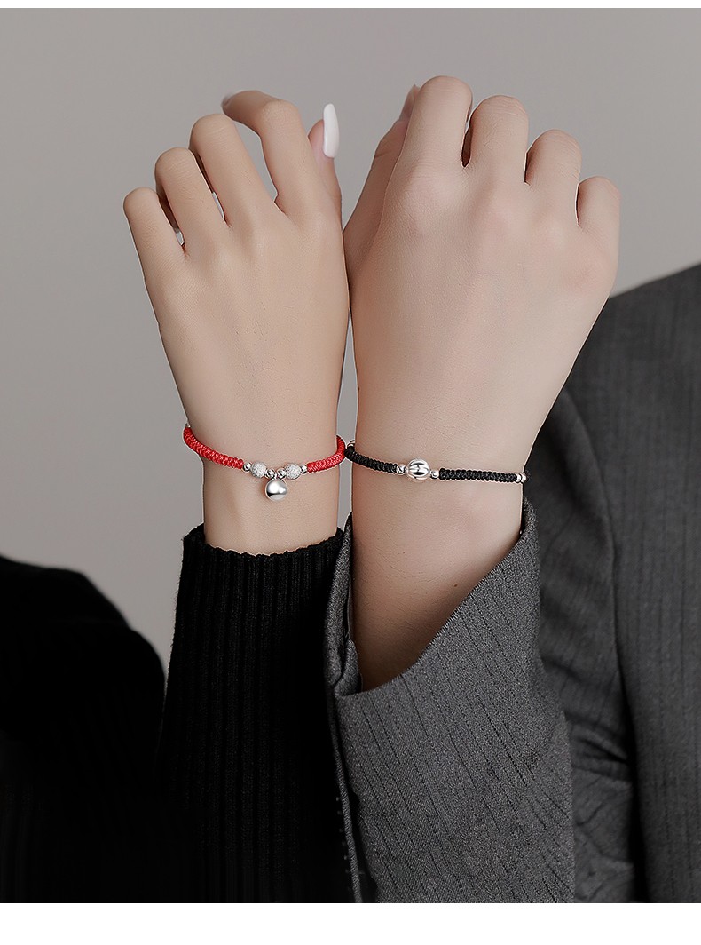 北欧概念轻奢s925银铃铛情侣手链一对男女款红绳本命年学生手工编织